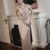 Champagne Satin Draped Evening Gown "Luxe Veil" DR840
