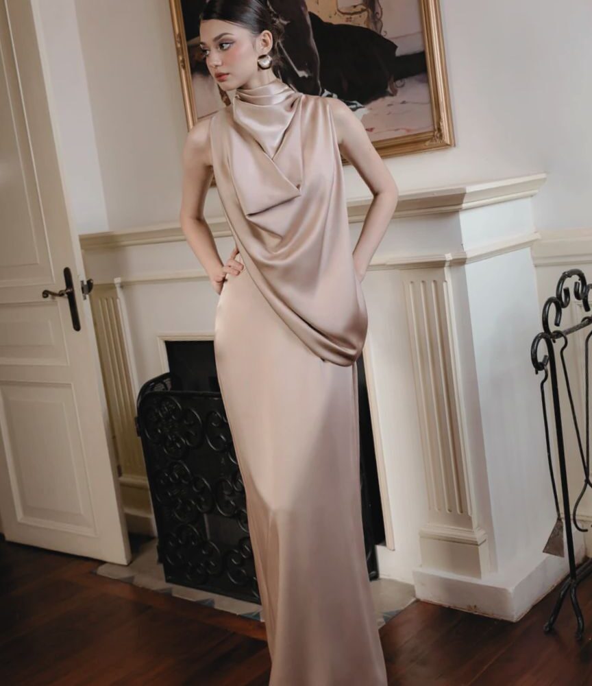 Champagne Satin Draped Evening Gown "Luxe Veil" DR840