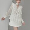 White Ruffled Chiffon Blouse & A-Line Skirt Set “Ivory Petal” IP318