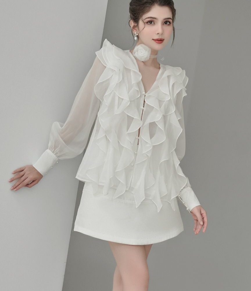 White Ruffled Chiffon Blouse & A-Line Skirt Set “Ivory Petal” IP318