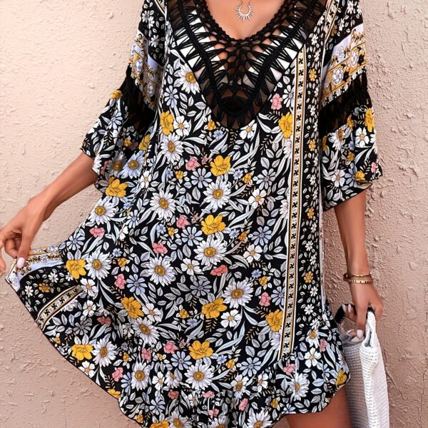Women’s Plus Size Boho V-Neck Cover-Up Dress – Tropical Floral with Lace Embroidery, Lightweight Machine-Washable Beach & Poolside Wear, Kimi Pants Style