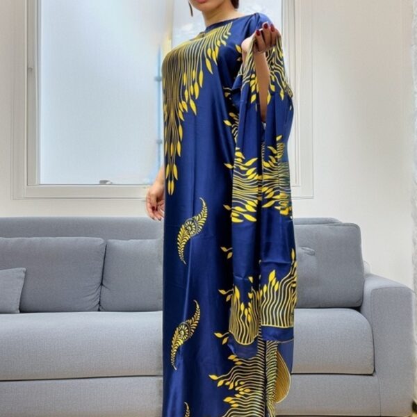 Women’s Ramadan Graphic Print Maxi Dress with Headscarf – Round Neck, Batwing Sleeves, Elegant Long Dress